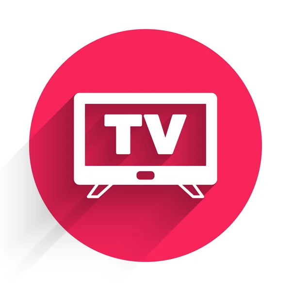 Blanco Smart Tv icono aislado con fondo de sombra larga. Señal de televisión. Botón círculo rojo. Vector — Vector de stock