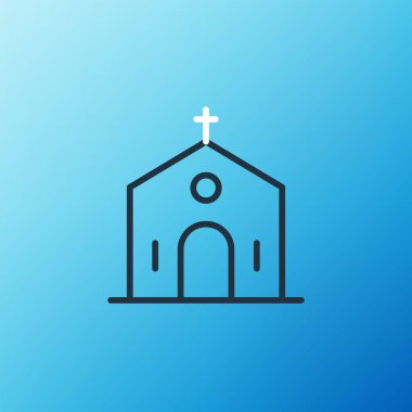 Line Church binası ikonu mavi arka planda izole edildi. Hıristiyan Kilisesi. Kilisenin dini. Renkli taslak konsepti. Vektör