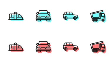 Otomobil, tramvay ve demiryolu ve kargo kamyonu ikonu ayarlayın. Vektör