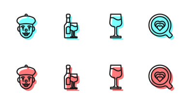 Çizgi şarap kadehi, Fransız pandomimcisi, şişe ve kahve bardağı ikonu. Vektör