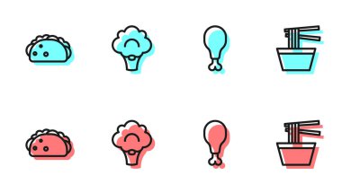 Tavuk budu, tortilla, brokoli ve kase ikonunda Asya eriştesi. Vektör