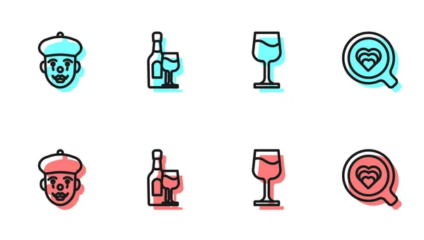 Set line Copa de vino, mimo francés, botella con y taza de café icono. Vector — Vector de stock