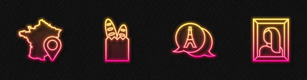Set line Torre Eiffel, Mapa de Francia, Pan de baguette francés y Retrato en el museo. Icono de neón brillante. Vector — Vector de stock