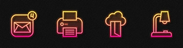 Hat Bulut veritabanı, Zarf, Yazıcı ve Masa Lambası 'nı ayarla. Parlayan neon ikonu. Vektör — Stok Vektör