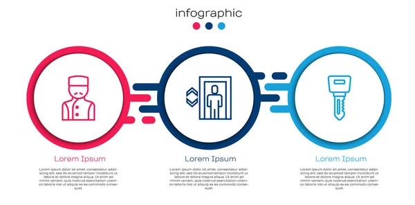 Set line Concierge, ascenseur et clé de serrure de porte de l'hôtel. Modèle d'infographie d'entreprise. Vecteur — Image vectorielle