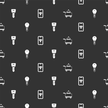 Tepsi dolusu yiyecek, otelin kapı kilidi anahtarı ve kablosuz mobil kablosuz ağ ile donatılmış. Vektör