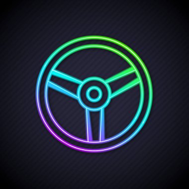 Parlayan neon çizgisi direksiyon simgesi siyah arkaplanda izole edildi. Araba tekeri ikonu. Vektör