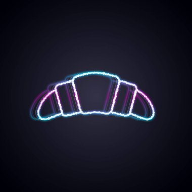 Parlayan neon hattı Croissant simgesi siyah arkaplanda izole edildi. Vektör