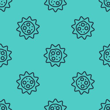 Siyah çizgi Virüs simgesi yeşil arka planda kusursuz desen izole etti. Corona virüsü 2019-nCoV. Bakteri ve mikroplar, hücre kanseri, mikrop, mantar. Vektör