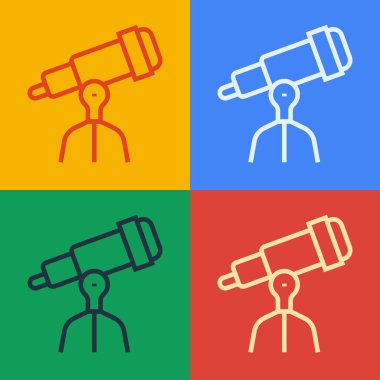 Pop Art Line Teleskop simgesi renk arkaplanında izole edildi. Bilimsel bir alet. Eğitim ve astronomi elementi, dürbün ve çalışma yıldızları. Vektör