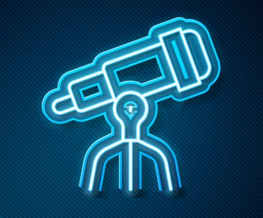 Parlayan neon hattı Teleskop simgesi mavi arkaplanda izole edildi. Bilimsel bir alet. Eğitim ve astronomi elementi, dürbün ve çalışma yıldızları. Vektör