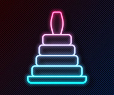 Parlayan neon hattı piramit oyuncağı simgesi siyah arkaplanda izole edildi. Vektör
