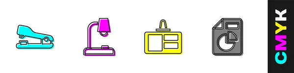 Set Agrafeuse, Lampe de table, Badge d'identification et Document avec icône graphique. Vecteur — Image vectorielle