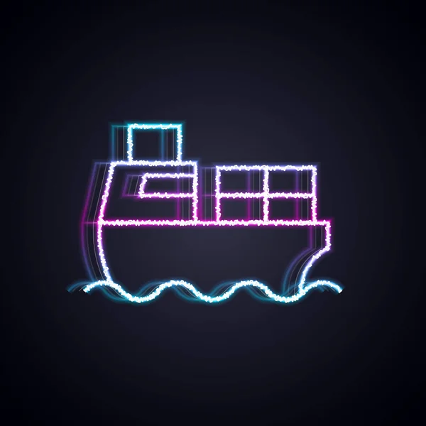 Leuchtende Neon Line Frachtschiff mit Boxen Lieferservice Symbol isoliert auf schwarzem Hintergrund. Lieferung, Transport. Frachter mit Paketen, Kisten, Waren. Vektor — Stockvektor