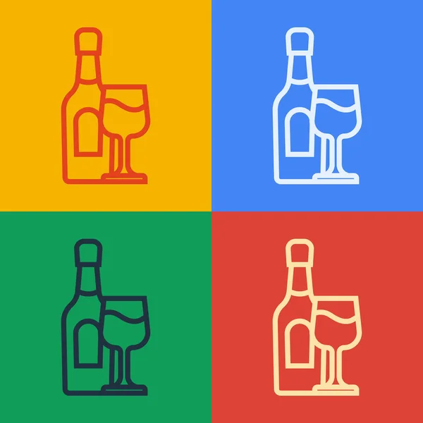 Pop art ligne Bouteille de vin avec icône en verre isolé sur fond de couleur. Vecteur — Image vectorielle