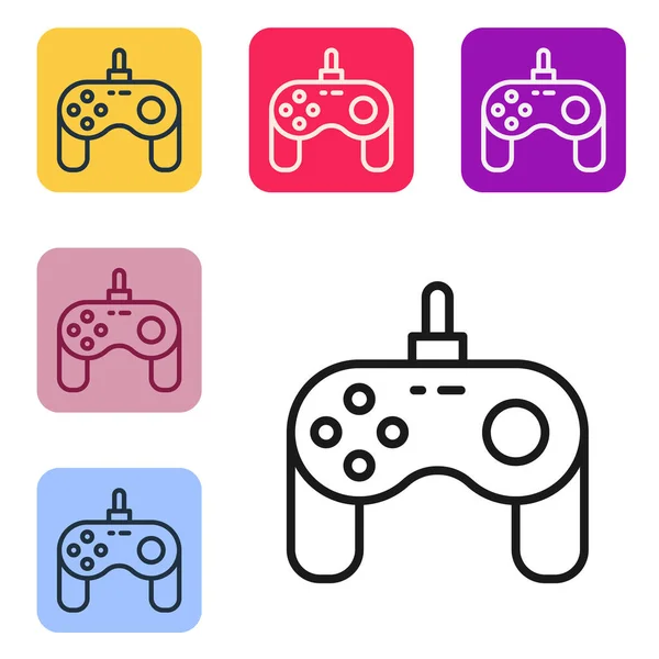 Zwarte lijn Gamepad pictogram geïsoleerd op witte achtergrond. Spelregelaar. Stel pictogrammen in kleur vierkante knoppen. Vector — Stockvector