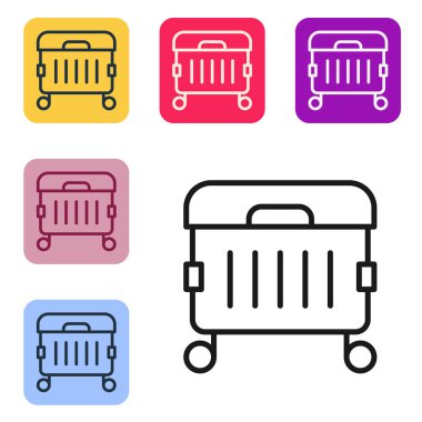 Siyah çizgi Çöp kutusu simgesi beyaz arkaplanda izole edildi. Çöp kutusu tabelası. Sepet simgesini geri dönüştür. Ofis çöpü ikonu. Renkli kare düğmelerle simgeleri ayarla. Vektör