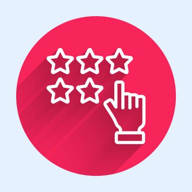 Beyaz çizgi Beş yıldızlı müşteri ürün değerlendirme simgesi uzun gölge arkaplan izole. Favori, en iyi derecelendirme, ödül sembolü. Kırmızı daire düğmesi. Vektör
