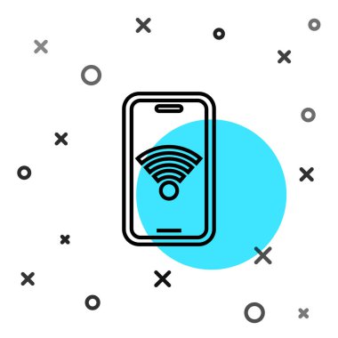 Beyaz arkaplanda izole edilmiş ücretsiz kablosuz bağlantı ikonu olan siyah çizgi akıllı telefon. Kablosuz teknoloji, kablosuz bağlantı, kablosuz ağ. Rastgele dinamik şekiller. Vektör