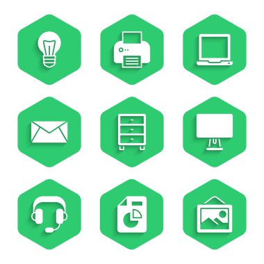 Arşiv kağıtları çekmecesini, grafik grafiği, resim manzarası, bilgisayar monitörü, kulaklıklar, e-posta, dizüstü bilgisayar ve ampul simgesini ayarla. Vektör