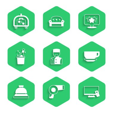 Concierge, saç kurutma makinesi, Smart TV, kahve fincanı, otel servis zili, şişe şampanya, Stars derecesi ve bagaj arabası ikonu. Vektör