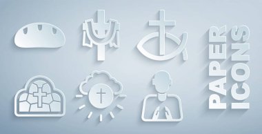 Dini haçı daire içine alın, Hristiyan balığı, lekeli cam, dua eden eller, ve ekmek ikonu. Vektör