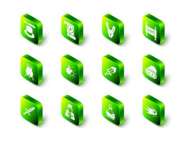 Sihirli parşömen, kulaklı tavşan, bilet, ateş topu, ortaçağ kılıcı, şişe iksiri ve sihirbaz ikonu. Vektör