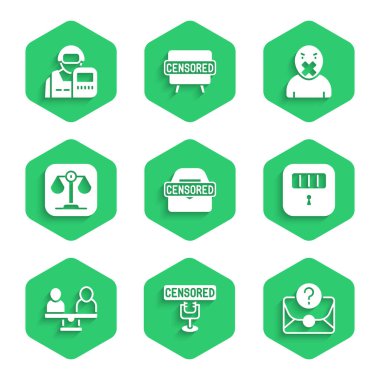 Sansürlü damga, soru işaretli zarf, hapishane kapısı, cinsiyet eşitliği, adalet terazisi, özgürlük konuşması ve polis memuru ikonu. Vektör