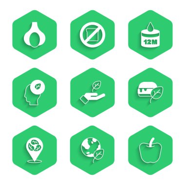 Elinde bitki, dünya küresi yaprağı, elma, vegan besin diyeti içinde insan kafası, organik kozmetik ve sarımsak ikonu. Vektör