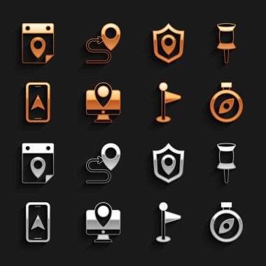 Konum belirleyicisi, Push pimi, pusula, konum, şehir haritası navigasyonu, kalkan, seyahat planlama takvimi ve güzergah simgesi ile monitörü ayarla. Vektör