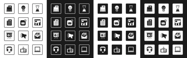 Set Alte Sanduhr, Umschlag, Aktendokument, Papierschredder, Diagrammdiagramm-Infografik, Glühbirne, Mail und E-Mail und Board mit Symbol. Vektor — Stockvektor