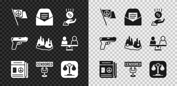 Set Peace, Mail and e-mail, Coins on hand minimal wage, News, Censored stamp, Scales of justice, Pistol gun and Burning car icon. Vector — Stock Vector