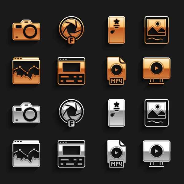 비디오 레 코더를 노트북, 포토 프레임, 온라인 플레이 비디오 , MP4 파일 문서, 뮤직 웨이브 equalizer, 백 스테이지, 카메라 및 카메라 셔터 아이콘으로 설정 한다. Vector — 스톡 벡터