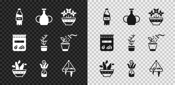 Set Fles water, Vaas, Bloem in vaas, Cactus peyote pot, glazen fles, Plant opknoping, Pack volledige zaden plant en exotische tropische pictogram. Vector — Stockvector