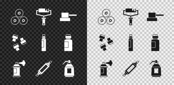 Set Paint spray can, roller brush, Spray nozzle cap, Marker pen, gun, attachment and icon. Vector — Stock Vector