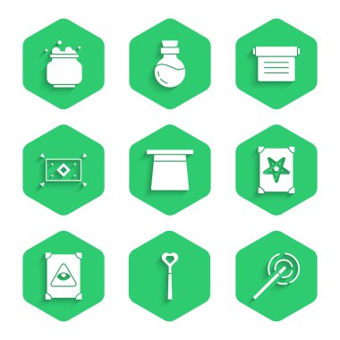 Sihirli şapka, değnek, Kadim büyü kitabı, halı ve cadı kazanı ikonu. Vektör