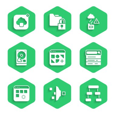 Farklı dosyalar, filtre ayarı, hiyerarşi organizogram şeması, arama motoru, veri penceresi, sabit disk sürücüsü HDD, bulut teknoloji aktarımı ve simge yükleme işlemini ayarlayın. Vektör