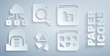 Bulut hacklemesini, Dosya kayıplarını, sunucuları, farklı dosyaları, Arama konsepti dizinini ve teknoloji veri aktarım simgesini ayarla. Vektör