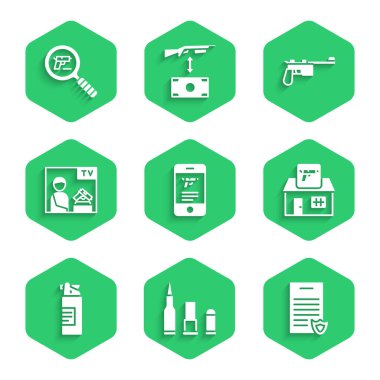 Mobil uygulama, Kurşun, Ateşli Silahlar lisans sertifikası, Av dükkanı, Silah yağı şişesi, Reklamcılık, Mauser tabancası ve Pistol veya arama ikonu olarak ayarla. Vektör