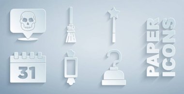 Set Candy, Magic Wind, Calendar with Halloween, Pirate hook, Witches süpürgesi ve Skull ikonu. Vektör