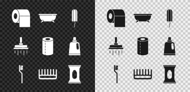 Tuvalet kağıdı rulosu, küvet, hijyenik ped, diş fırçası, saç fırçası, ıslak mendil, duş başlığı ve kağıt havlu ikonu. Vektör