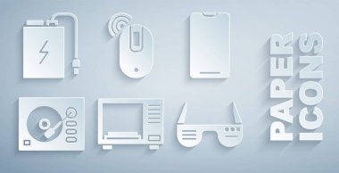 Mikrodalga fırını, akıllı telefon, cep telefonu, vinil çalar, gözlük, kablosuz bilgisayar faresi ve elektrik kablo ikonuyla elektrik bankasını ayarla. Vektör