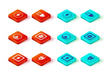 Yıldırım, elektrik prizi, ampere ölçer, multimetre, voltmetre, elektrik prizi, pil şarj seviyesi göstergesi ve simgeyi ayarla. Vektör