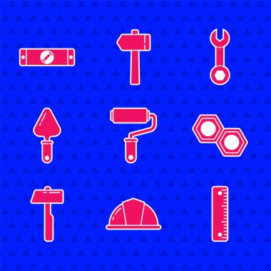 Boya fırçası, işçi kaskı, cetvel, altıgen metal fındık, Hammer, Trowel, İngiliz anahtarı ve inşaat baloncuk seviye ikonu. Vektör