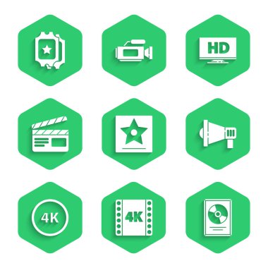 Hollywood Şöhret Yürüyüşü, 4k film, kaset, çerçeve, CD disk ödülü, Megaphone, Ultra HD, Film alkışlayıcısı, Video ve Sinema bilet ikonlu akıllı ekran. Vektör