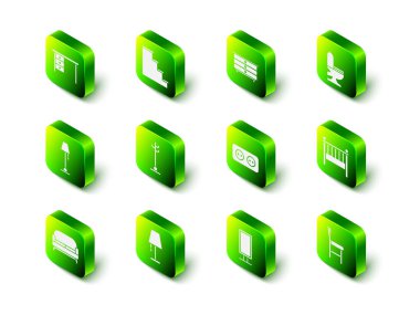 Merdiven, çekmece sandığı, klozet, bebek beşiği yatak, sandalye, elektrik prizi, büyük boy ayna ve masa lambası ikonu. Vektör