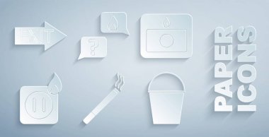 Sigarayı, yangın alarmını, elektrik prizini, kovayı, 911 'i ve çıkış ikonunu arayın. Vektör