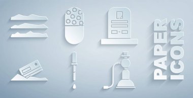 Set Pipette, Tombstone ve RIP yazılı, Kokain ve kredi kartı, Nargile, İlaç hapı veya tablet ve eroin ikonu. Vektör