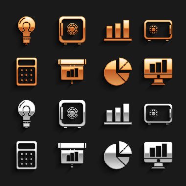 Grafik, grafik, diyagram, bilgi grafiği, güvenli, izleyici, turta, hesap makinesi, ampul fikri ve simge kavramını ayarla. Vektör