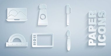 Grafik tableti, kalem, açıölçer, boya fırçası, boya paletli tüp ve dizüstü bilgisayar simgesini ayarla. Vektör